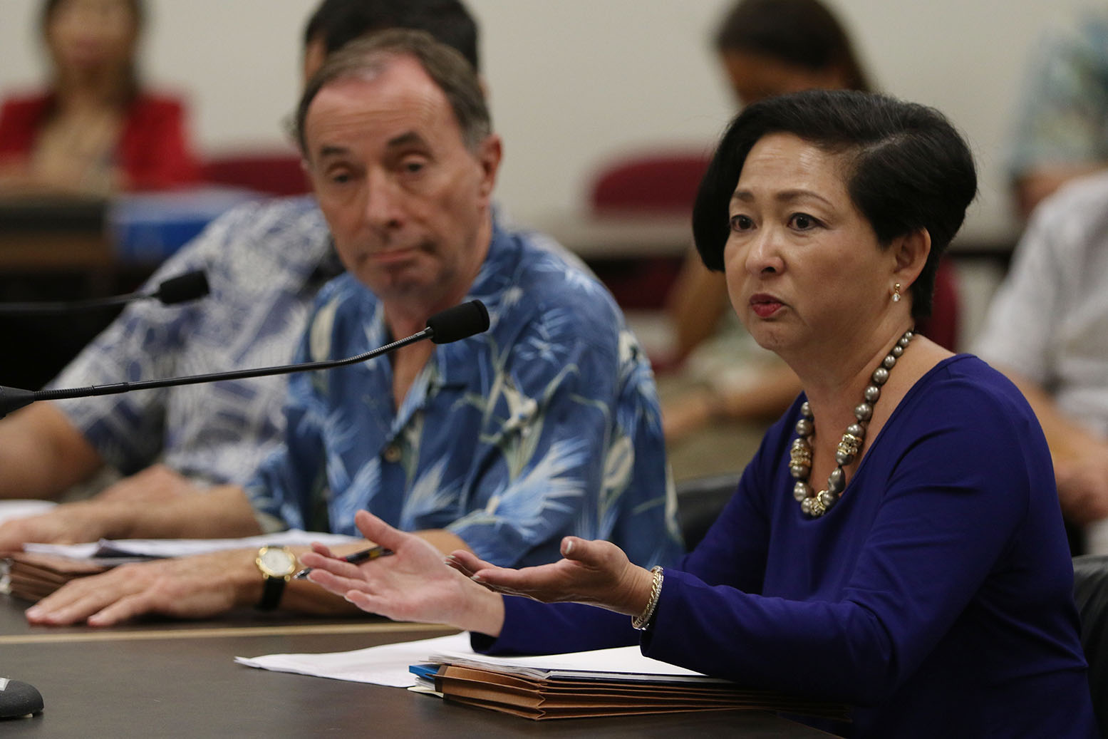 Right, State Auditor Jan Yamane and Jeff Kissell Executive Director of the Hawaii Health Connector answer questions after the auditor presented her report. 9 nov 2015. photograph Cory Lum/Civil Beat