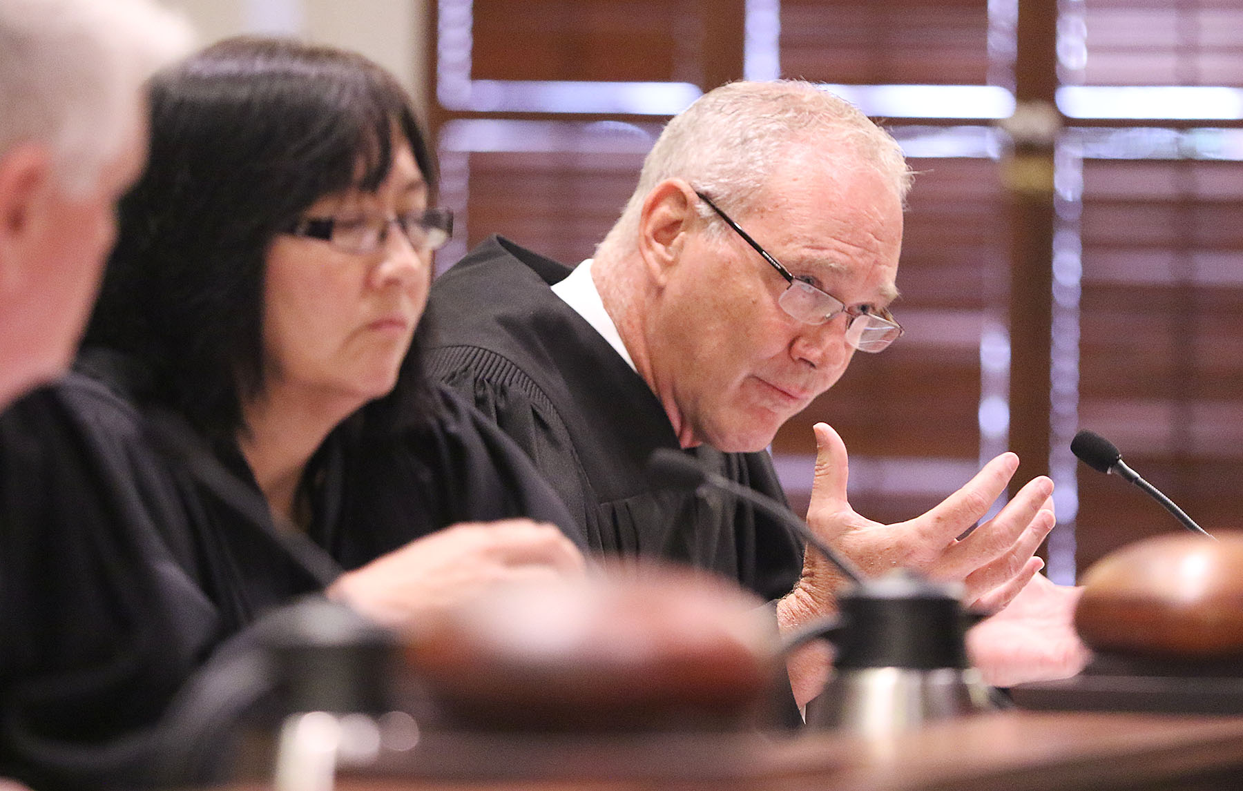 Hawaii State Supreme Court Associate Justice Michael Wilson questions lawyers during oral arguments. Mauna Kea. 27 aug 2015. photograph by Cory Lum/Civil Beat