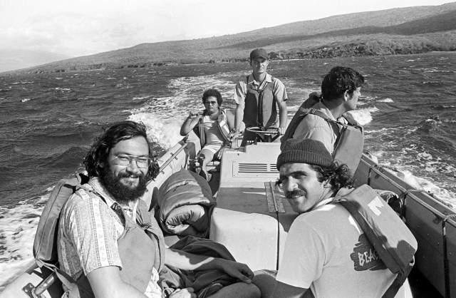 Ian Lind, front left, was one of a handful of Native Hawaiian protesters who took a stand against the military bombing of the island. He and others, including Steve Morse, front right, and Gail Kawapuna Prejean, were detained and taken to a waiting Coast Guard cutter.