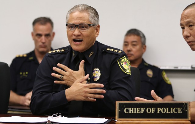 HPD Chief Louis Kealoha gestures during questioning from Commissioner Sheehan. 7 sept 2016