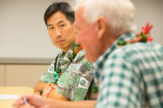 Charles Djou stares down his opponent, Kirk Caldwell during AARP Hawaii''s tele-town hall on Oct. 1.