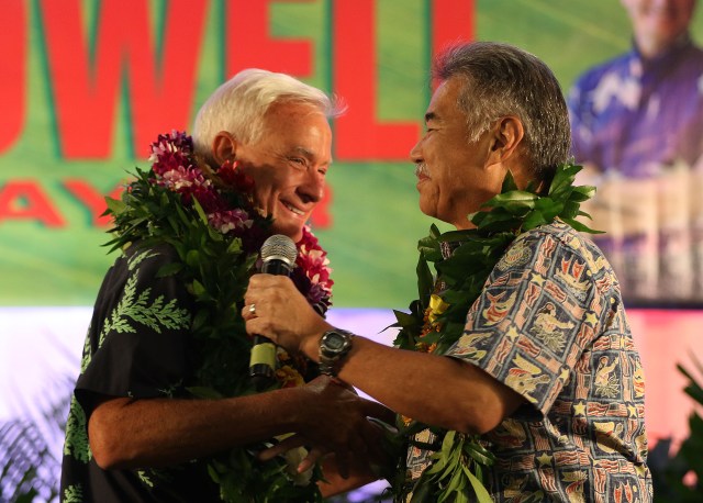 Governor David Ige congratulations Mayor Caldwell at Caldwell HQ. 8 nov 2016