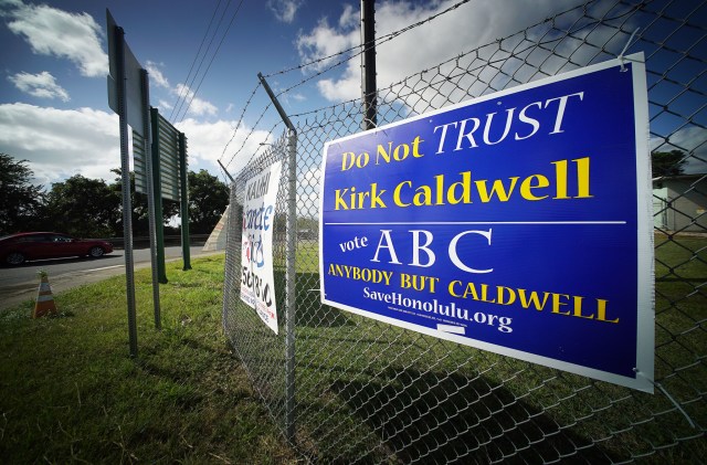Kirk Caldwell sign along Middle Street along the fence at Fort Shafter base. 1 nov 2016