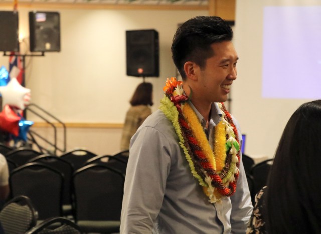 Former Honolulu City Councilman Stanley Chang arrives at Democrats' election night party at the Japanese Cultural Center.