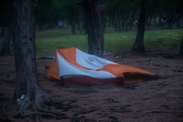 My sad little orange tent didn't hold up well in the pounding storm.