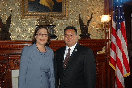 Esther Kiaaina from the Interior Department stands with CNMI Gov. Ralph Torres in Washington, D.C. They've been having formal discussions about labor issues and military training in the commonwealth.