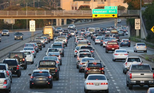 Honolulu Freeway traffic Kapiolani Blvd offramp.