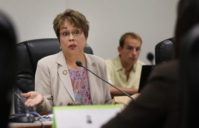 Chair Senator Lorraine Inouye gestures while speaking to right, Co Chair Rep Sylvia Luke after Luke asked some questions about the language of the measure. 26 april 2017