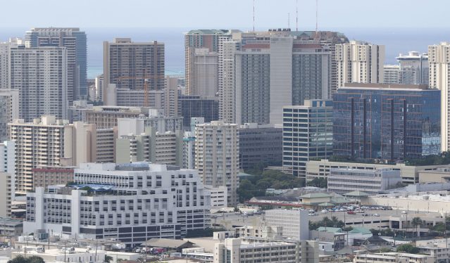 Waikiki Ala Moana area HMSA building at left. 17 april 2017