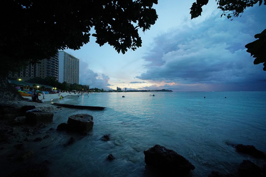Rain clouds sit on the horizon offshore Guam’s Tumon Bay, one of Guam’s major tourist centers on the island.