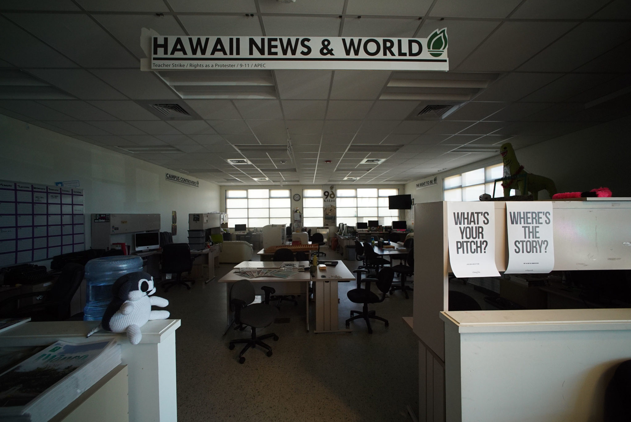 Inside the UH Manoa campus newspaper Ka Leo O Hawaii newsroom in the dark.  Most students are out until the Aug 21 start of the fall semester.
