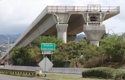 HART Rail guideway along Kamehameha Hwy near the Aloha Stadium looking towards Aiea Heights.