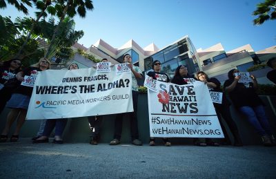 Save Hawaii News demonstration by Star Advertiser staffers and supporters outside Restaurant Row.
