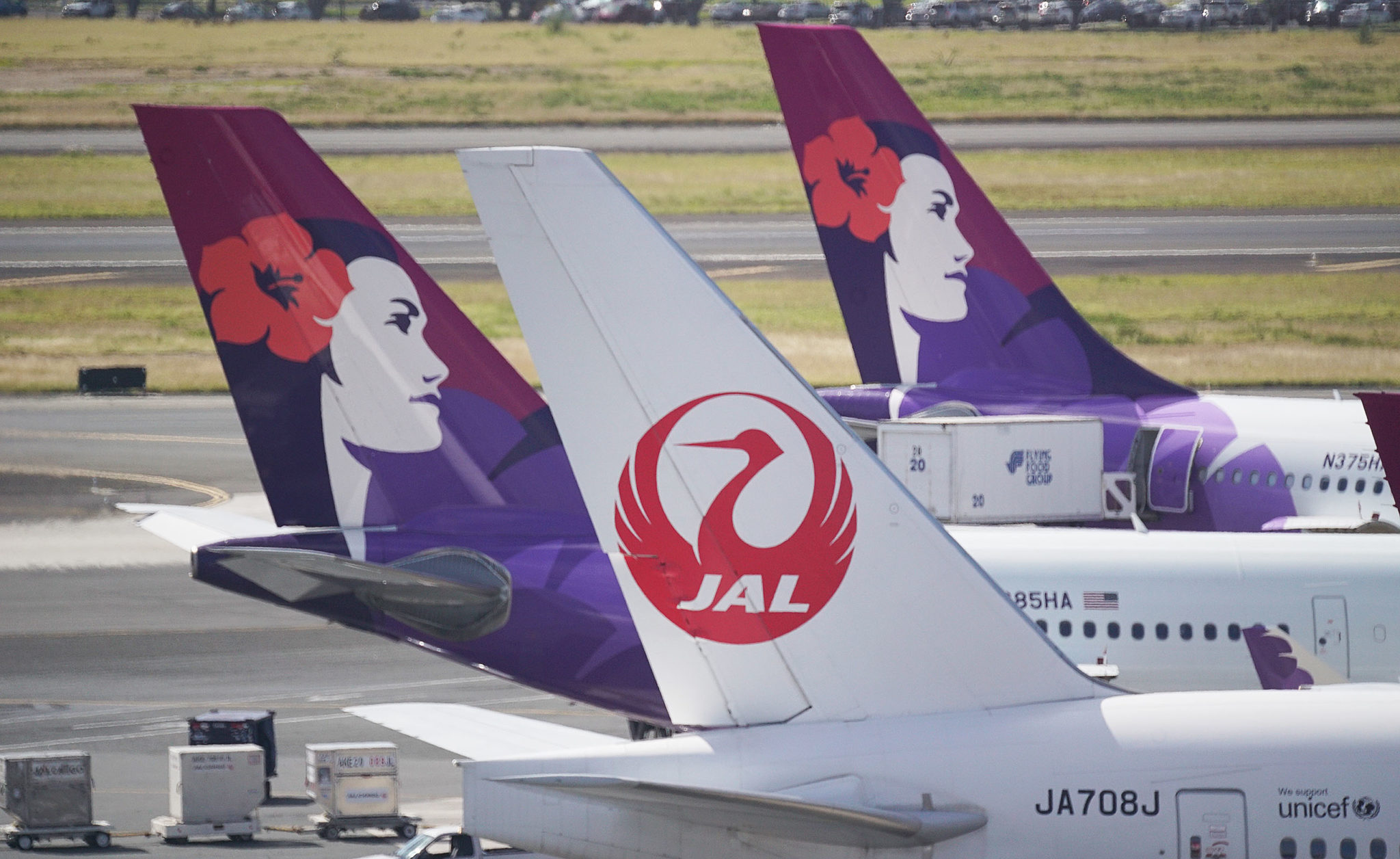 JAL Japan Airlines jet and  Hawaiian Airlines sit at Daniel Inouye International Airport.