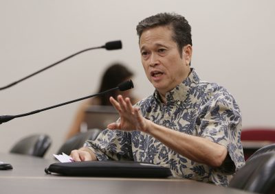 Mayor Caldwell Head of Honolulu Housing Office Marc Alexander during briefing on homeless solutions held at the Capitol.