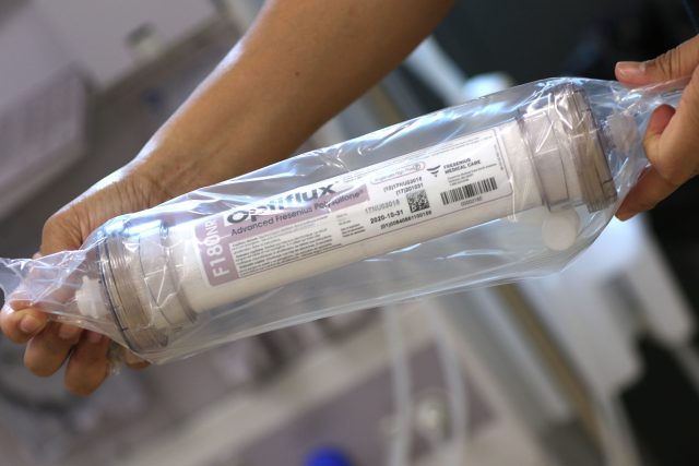 Fresenius Kidney Care dialyzer, this cartridge filters contaminants from the blood like an actual 'kidney'. This dialyzer is atttached to the Hemo Dialysis Machines and the patient sits for four hours during dialysis.