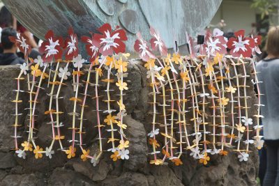 Lei honoring students killed in the shooting at Marjory Stoneman Douglas High School in Parkland, Fla.