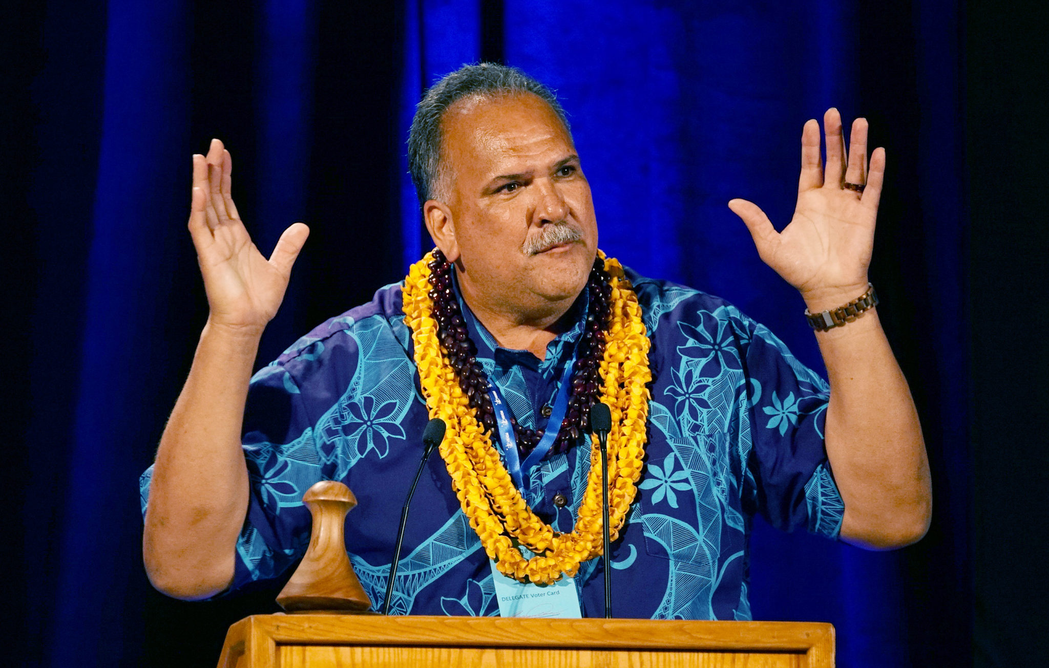 Lieutenant Governor Candidate Bernard Carvalho speaks at the 2018 Democratic Party Convention held at the Hilton Waikaloa Resort in Kona, Hawaii.
