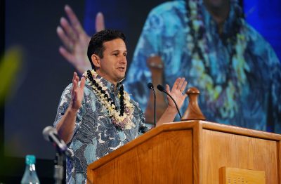 Senator Brian Schatz speaks during the 2018 Hawaii Democratic Convention held at the Hilton Waikaloa in Kona, Hawaii.