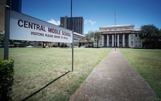 Central Middle School front lawn. Central Middle School is a historic school building in Honolulu, Hawaii, built on the grounds the former palace of Princess Ruth Keelikōlani of Hawaii.