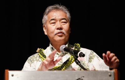 Gov David Ige gestures Nature conservation gubernatorial forum held at the Hawaii Convention Center.