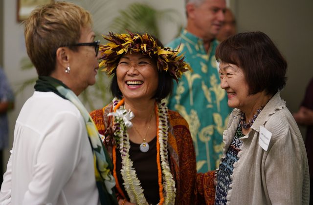 Center Sharon Moriwaki beat incumbent Brickwood Galluteriaa chats with left Carolyn Tanaka and right, Council member Ann Kobayashi at the Democrats Unity Breakfast held at the Dole Cannery Ballroom. 12 aug 2018