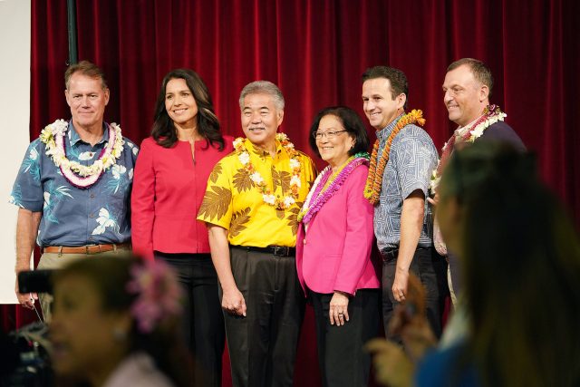 Democrats Unity Breakfast with left, CD1 candidate Ed Case, Congresswoman Tulsi Gabbard, Governor David Ige, Senator Mazie Hirono, Senator Brian Schatz and right, LG candidate Josh Green at the Dole Cannery Ballroom.