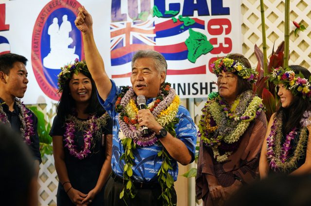 Governor David Ige with First Lady Dawn Ige and family thanks supporters at Pagoda Hotel.
