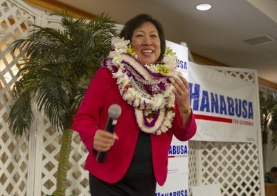Hawaii Democratic Gubernatorial candidate Colleen Hanabusa is greeted by her supporters at her election night headquarters in the Japanese Cultural Center, Saturday, Aug. 11, 2018, in Honolulu.