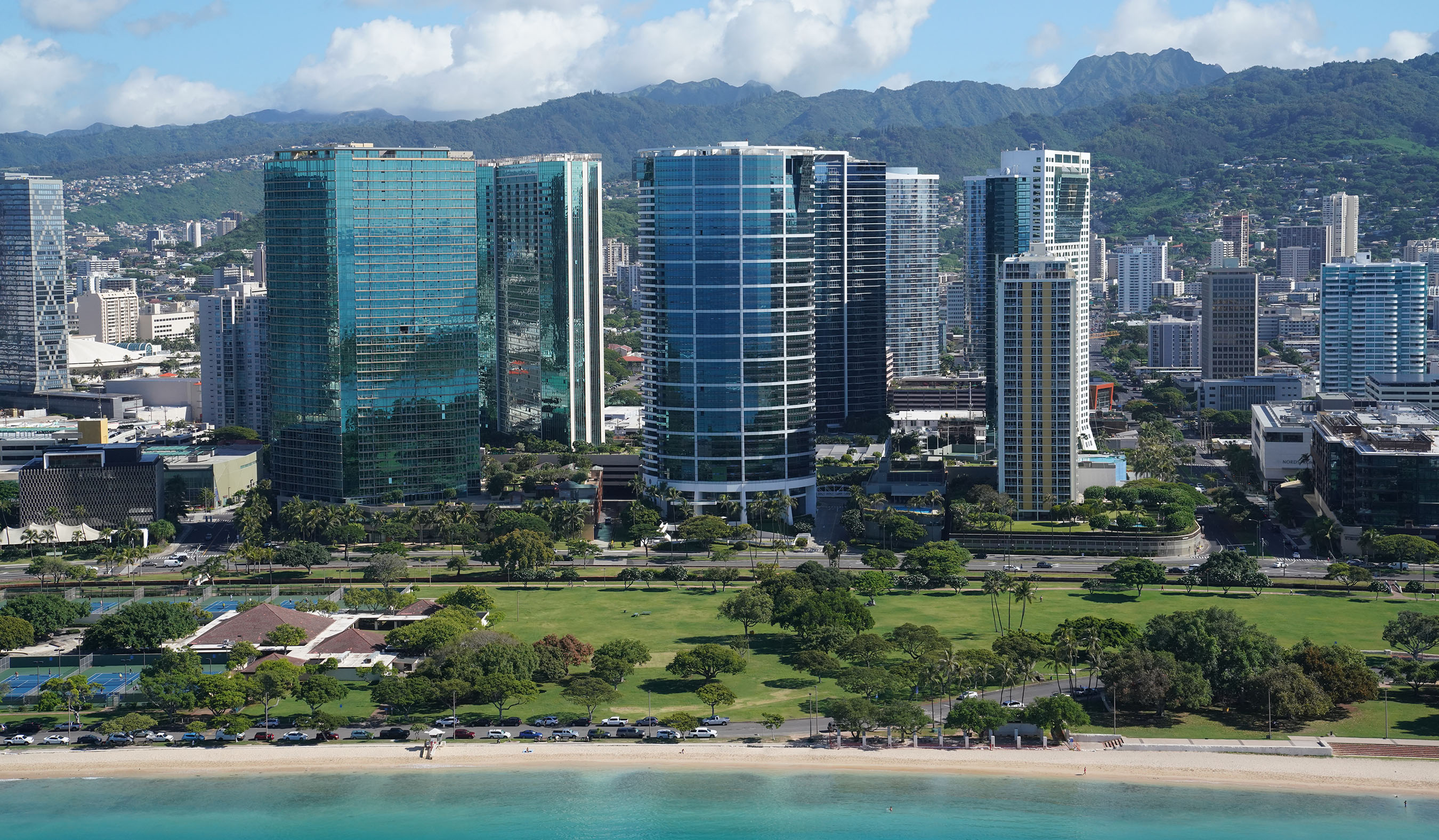 Hokua Naru Towers Kakaako Condominiums Ala Moana Beach Park aerial.