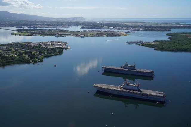 Pearl Harbor Arizona Memorial Ford Island West Loch derelict ships.