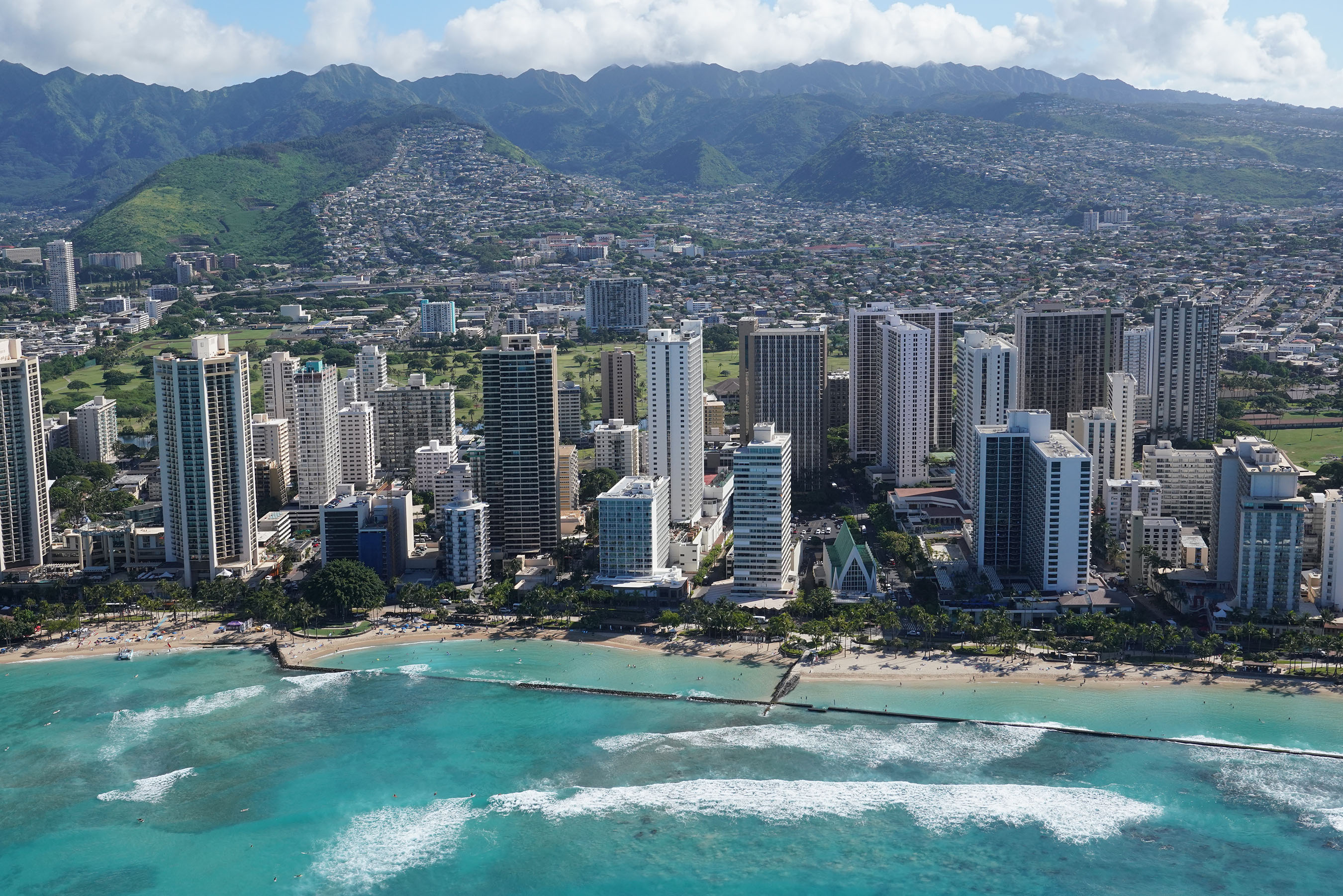 fault lines Waikiki Beach Hotels visitor industry aerial.
