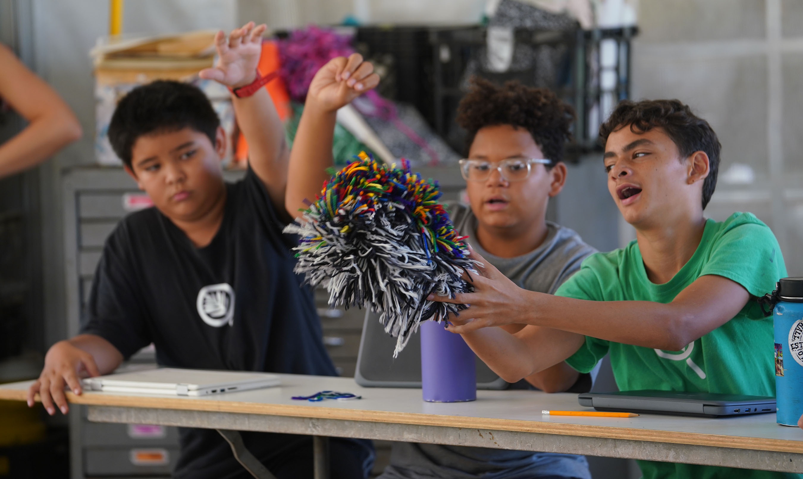 Kids in SEEQS Teacher Shane Albritton in his 6-8th grade history class at SEEQS charter school located on the campus of Kaimuki High School.