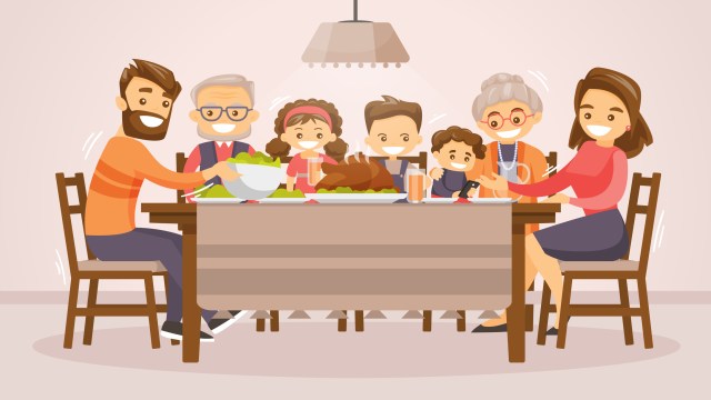 Christmas and Thanksgiving inspired winter Holiday card with caucasian family celebrating Thanksgiving at the table. Vector flat design family Holiday weekend illustration for poster, card, banner.