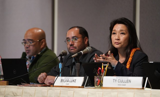 Finance Chair Sylvia Luke and Donovan Dela Cruz Look on during county Mayors reports.