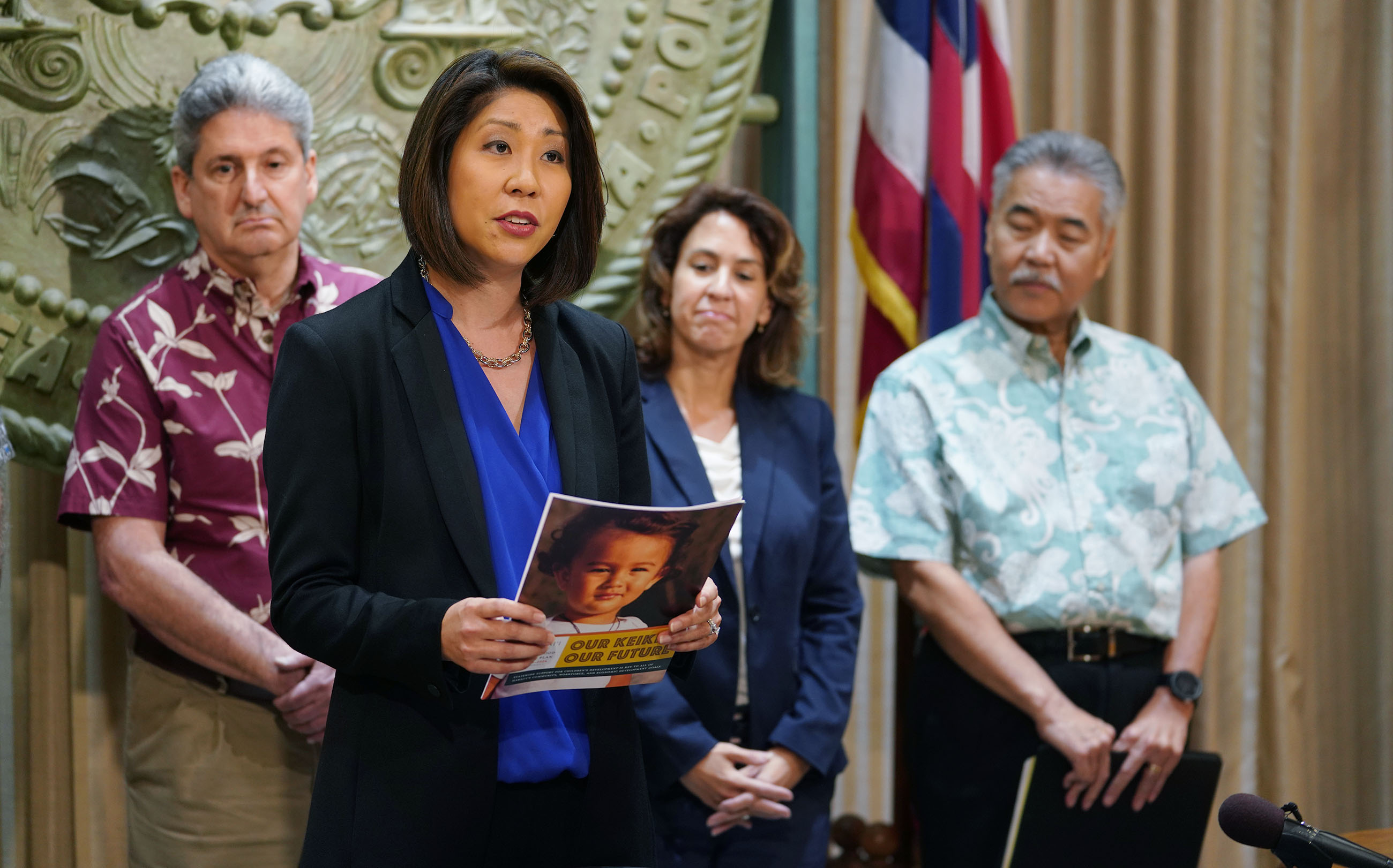 Laurent Moriguchi Director Executive Office on Early Learning with Governor David Ige, DOH Director Bruce Anderson, Dept of Human Services Pankaj Bhanot and UH president David Lassner and DOE Superintendent Kishimoto.