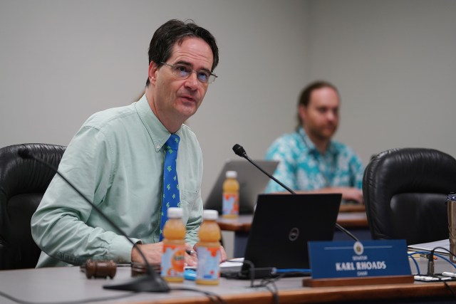 Senator Karl Rhoads during recreational marijuana hearing.