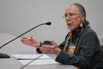 Kat Brady coordinator of the Community Alliance on Prisons testifies during oversight commission hearing.