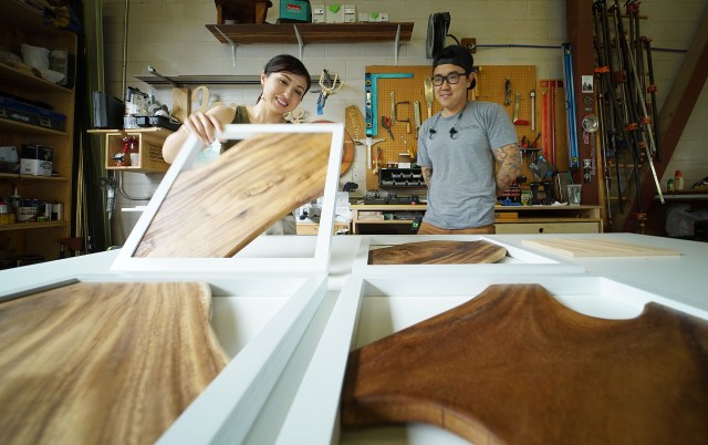 Designer Miwa Yamamuro with Dae Son with some of Dae's wood creations.