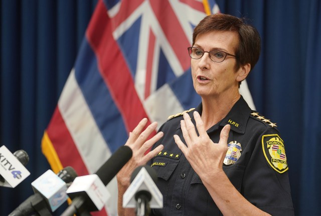 Honolulu Police Dept Chief Susan Ballard gestures during domestic violence press conference held at HPD.