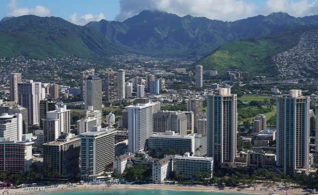 Waikiki Hotels and Waikiki Beach with Manoa in bkgd aerial 0369.