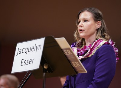 Candidate Jacquelyn Esser makes her introduction in the Honolulu Prosecutor Candidate Debate 2020 held at UH Manoa Orvis Auditorium.