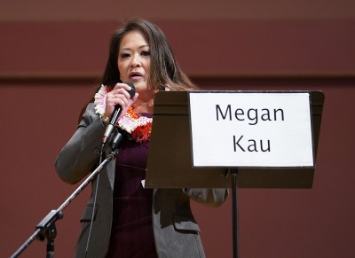 Candidate Megan Kau participates in the Honolulu Prosecutor Candidate Debate 2020 held at UH Manoa’s Orvis Auditorium.