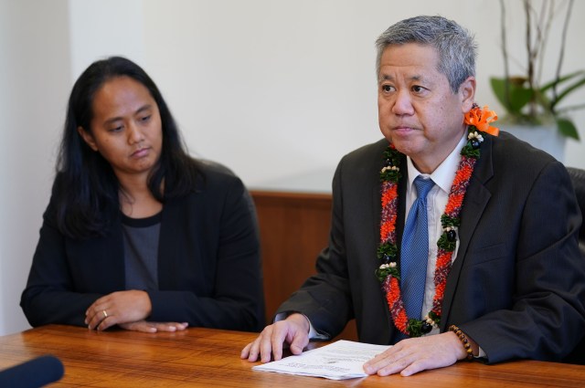 House Speaker Scott Saiki and Majority leader Della Au Belatti during House press conference post 2020 State of the State address.