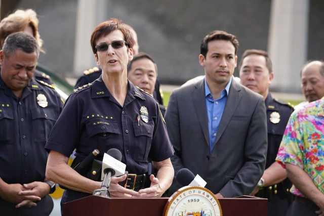 Honolulu Police Chief Susan Ballard along with first responders from the police department and Honolulu Emergency Medical Services ask state lawmakers to pass four key gun violence prevention bills that would have prevented the Hibiscus Drive shootings near the Capitol.