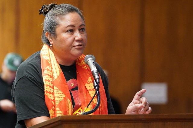 Healani Sonoda-Pale testifies during a Water, Land Hawaiian Affairs hearing at the Capitol.