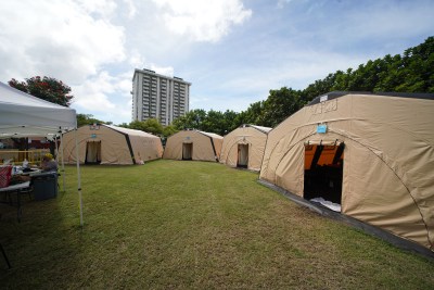 HONU Stadium Park homeless tents. HONU has a portrable shower/bath trailer that gives residents the opportunity to get cleaned up.