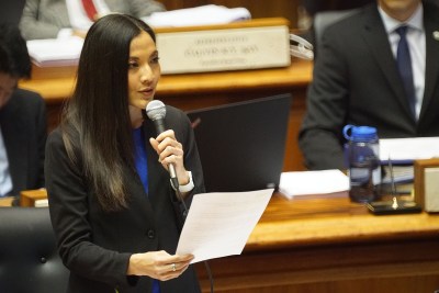 Representative Val Okimoto speaks during crossover floor session at the Capitol.