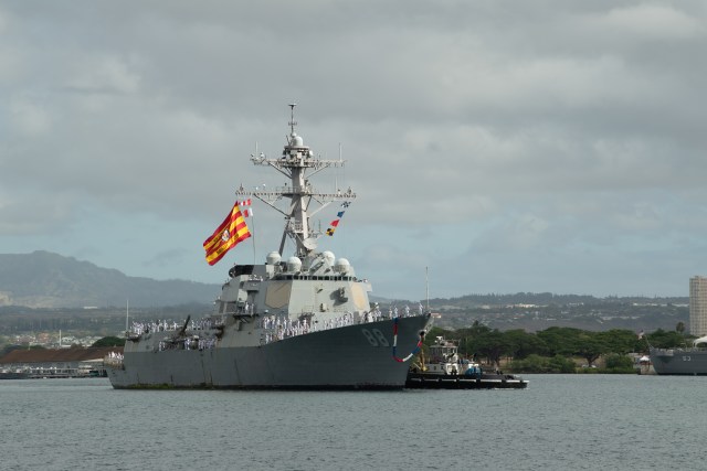 200625-N-MQ703-1018 PEARL HARBOR (June 25, 2020) Arleigh Burke-class guided-missile destroyer USS Preble (DDG 88) returns to Joint Base Pearl Harbor-Hickam following the ship’s surge deployment to the U.S. 4th Fleet area of operations, June 25. Preble joined other U.S. Navy warships, numerous U.S. agencies from the Departments of Defense, Justice and Homeland Security cooperating in the effort to combat transnational organized crime. The Coast Guard, U.S. Navy, Customs and Border Protection, FBI, Drug Enforcement Administration, and Immigration and Customs Enforcement, along with allied and international partner agencies, are all playing a role in counter-drug operations. (U.S. Navy Photo by Mass Communication Specialist Seaman Jaimar Carson Bondurant)