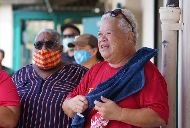 Aunty Puni Kekauoha Aunty Adrienne Dillard at Papakolea food distibution.